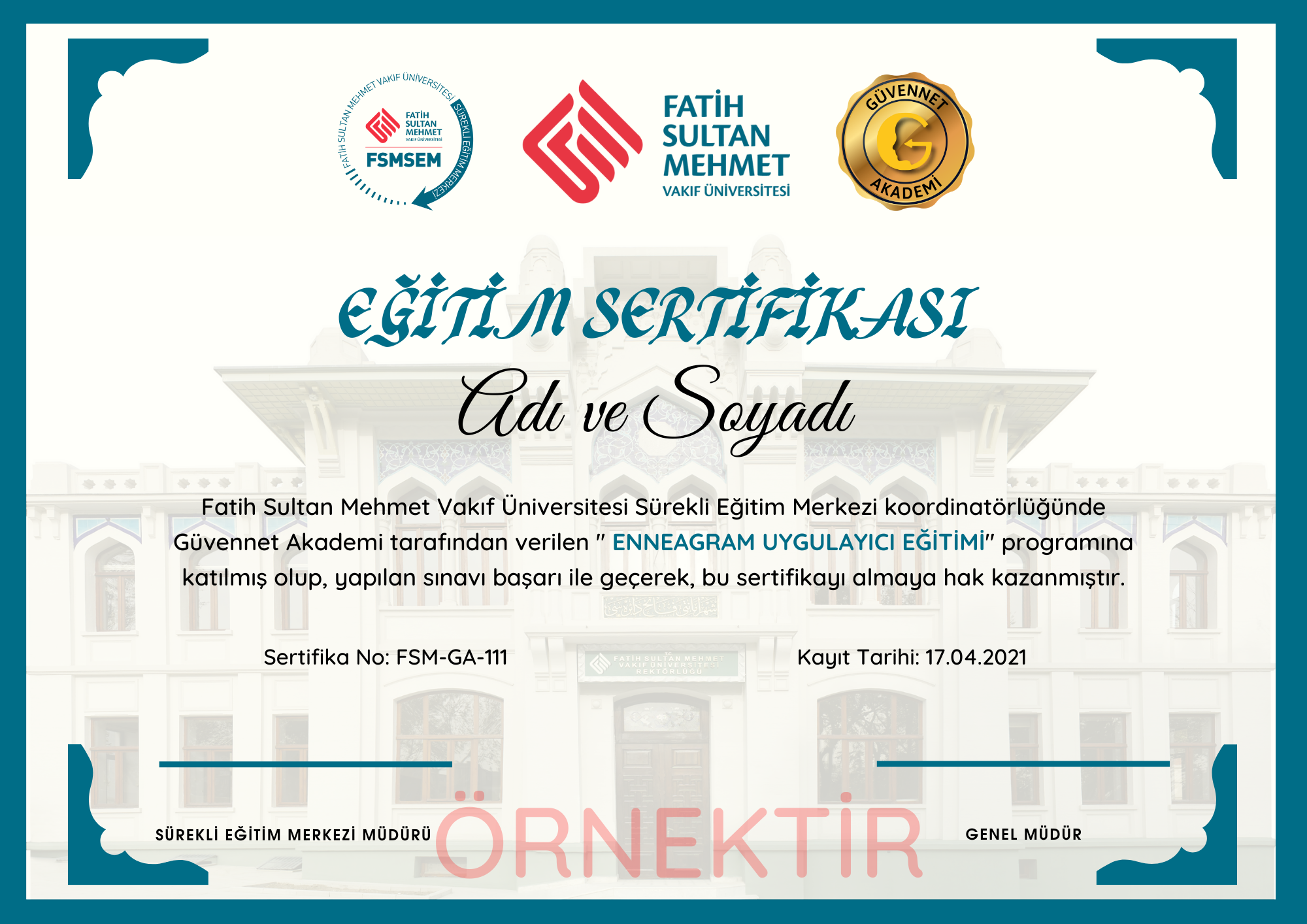 FATİH SULTAN MEHMET VAKIF ÜNİVERSİTESİ ONAYLI SERTİFİKA