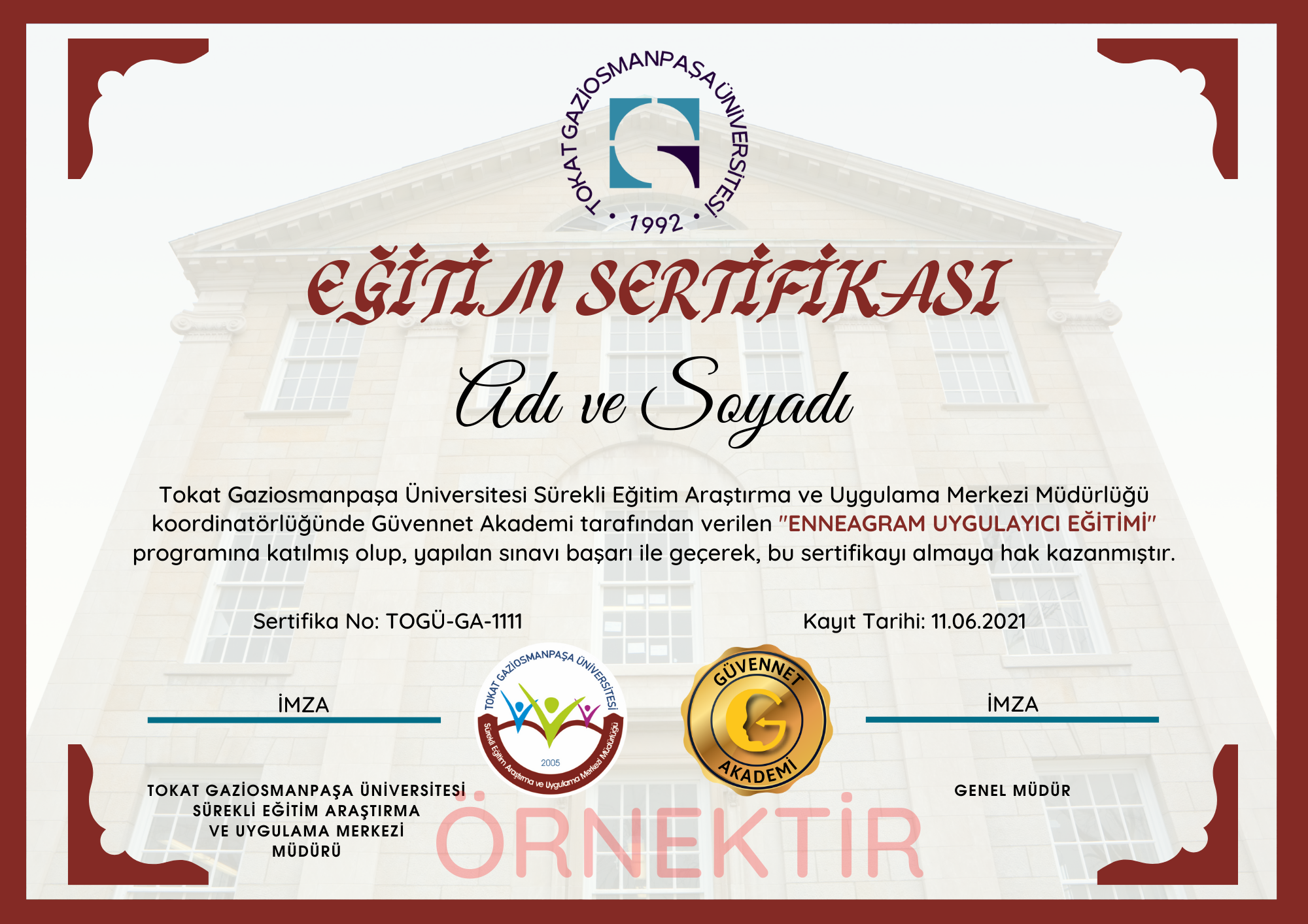 TOKAT GAZİOSMANPAŞA ÜNİVERSİTESİ ONAYLI SERTİFİKA